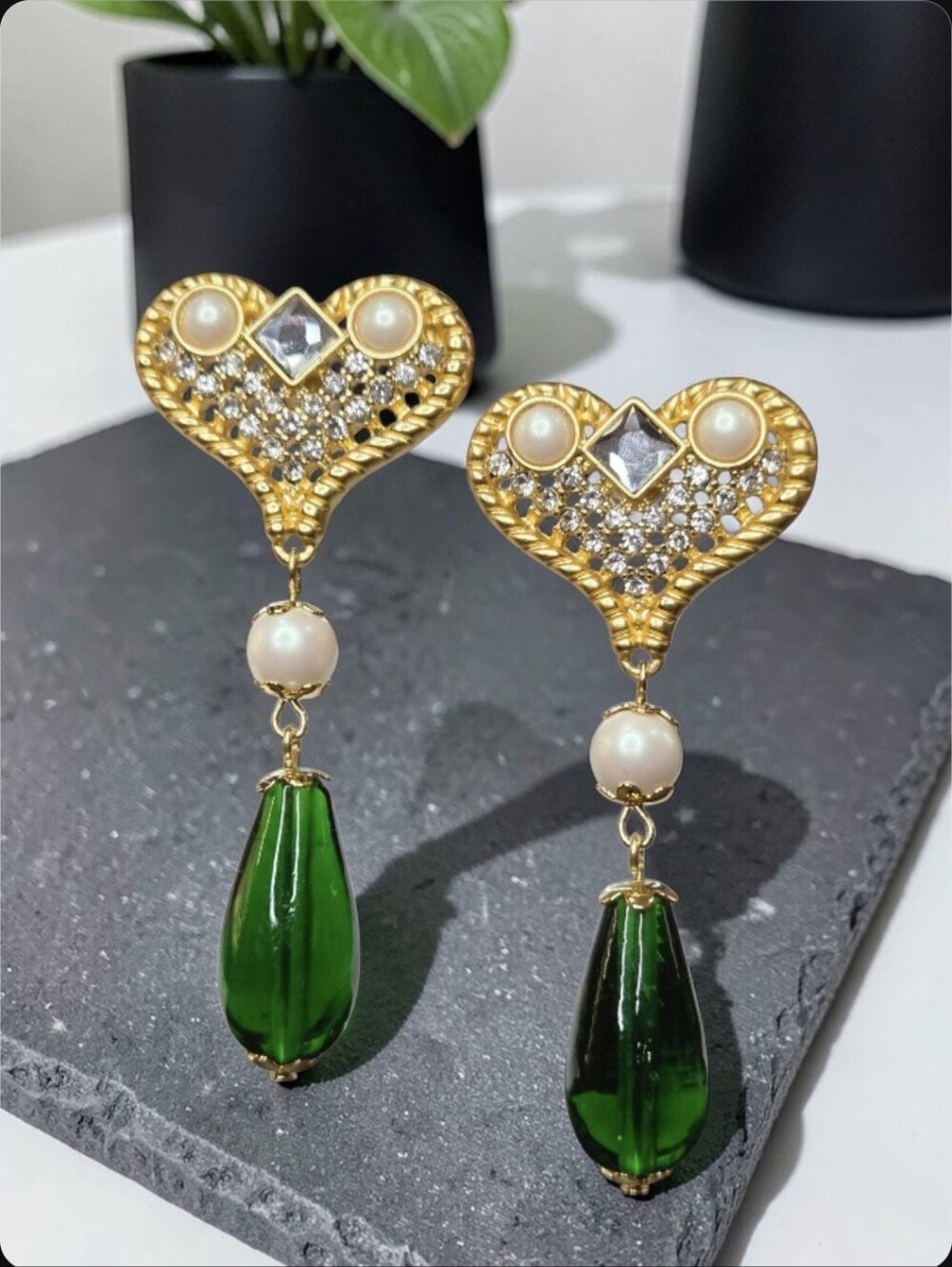 Romantic 18k Gold Plated Lattice Heart Crystal Pearl Emerald Dangle Earrings